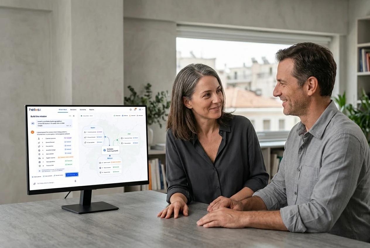 Two colleagues sharing a natural conversation beside a physical monitor showing the Helios mission workspace. Illustrative generated scene.
