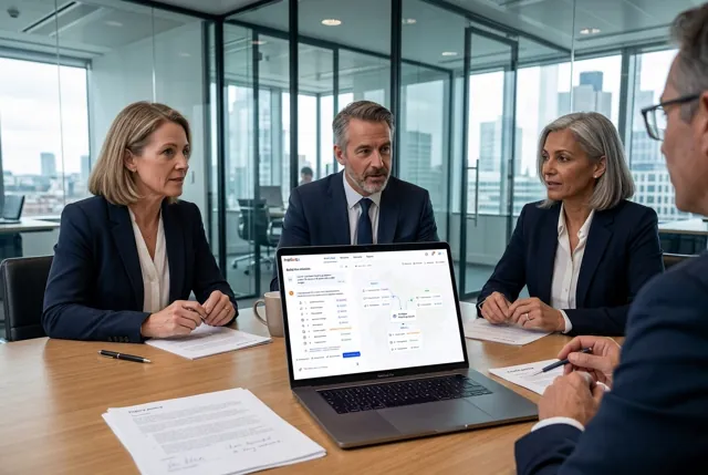 Senior credit and risk leaders reviewing lending policy together in a bank meeting room. Illustrative generated scene.