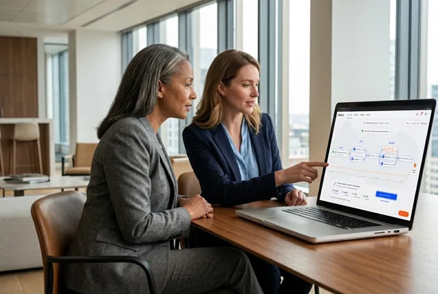 Two decision makers comparing a Helios decision map, constraints and recommended route on a laptop. Illustrative generated scene.