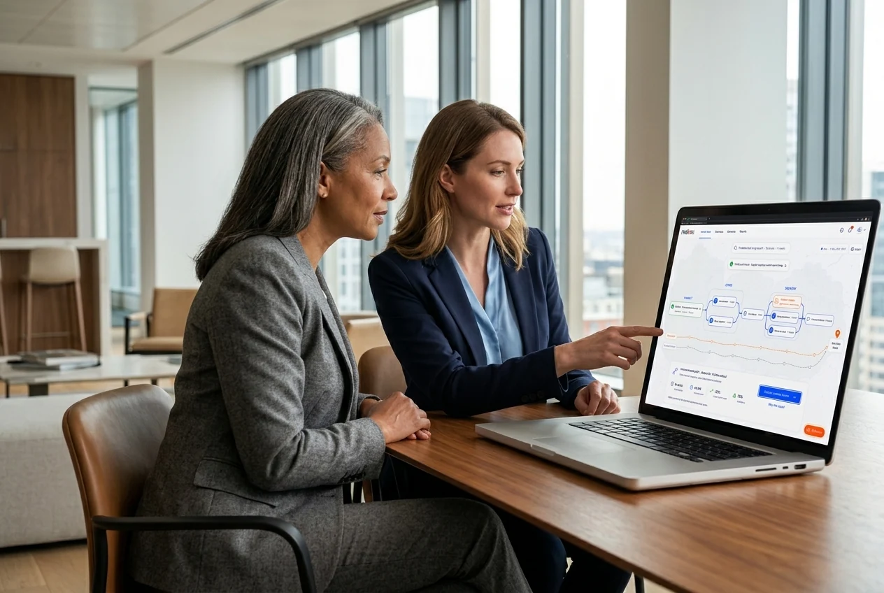 Two decision makers comparing a Helios decision map, constraints and recommended route on a laptop. Illustrative generated scene.