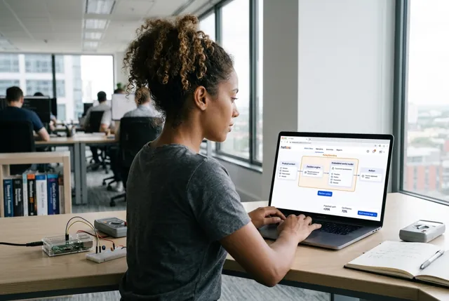 A software engineer reviewing product context, decision logic and policy boundaries on her laptop. Illustrative generated scene.