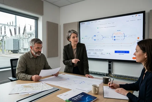 Utility planning and investment leaders comparing grid capacity options using a physical management display. Illustrative generated scene.