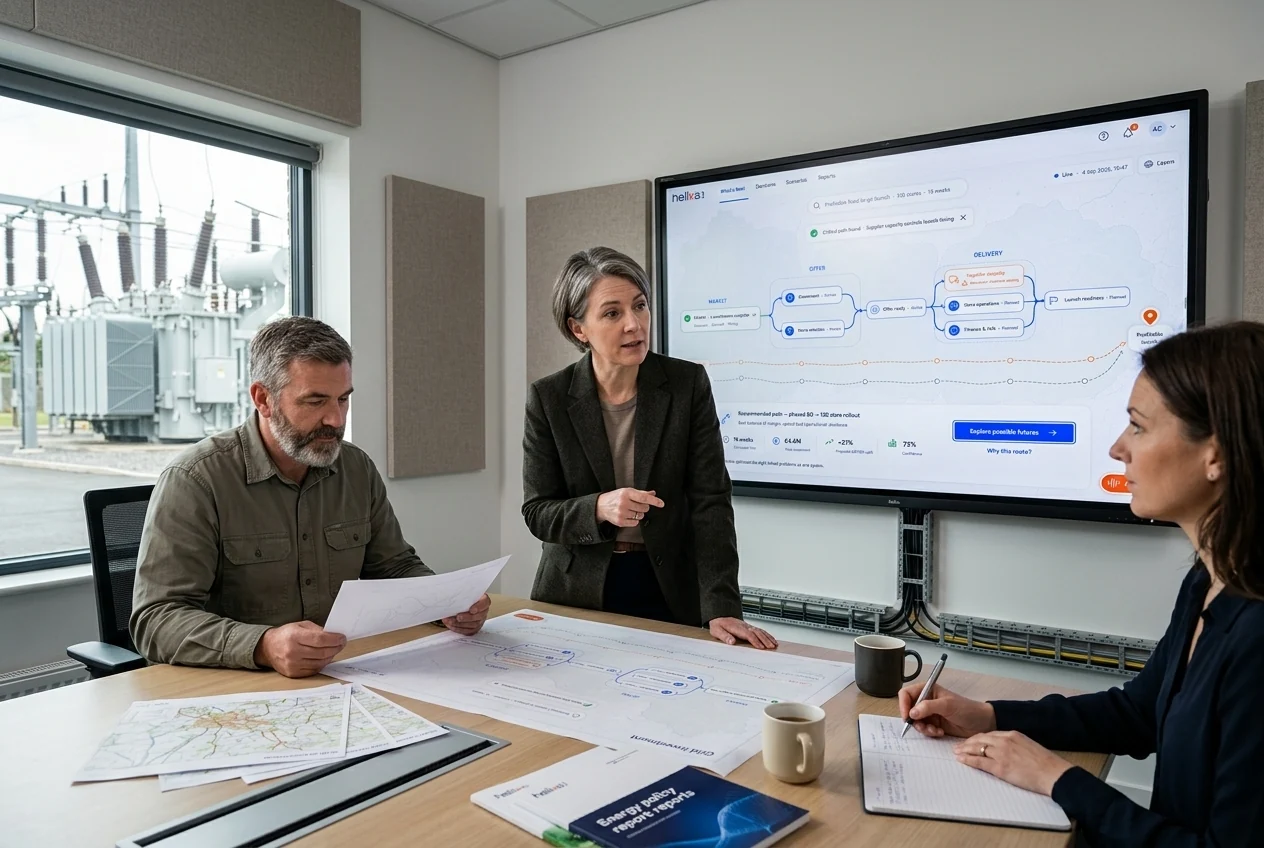 Utility planning and investment leaders comparing grid capacity options using a physical management display. Illustrative generated scene.