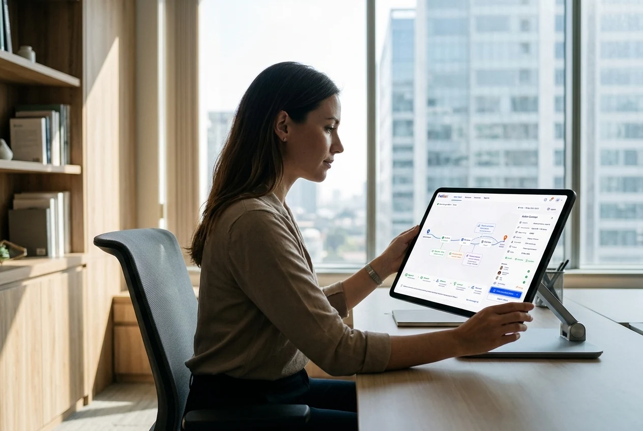 A professional reviewing a Helios action path, observed evidence and human authorization on her tablet. Illustrative generated scene.