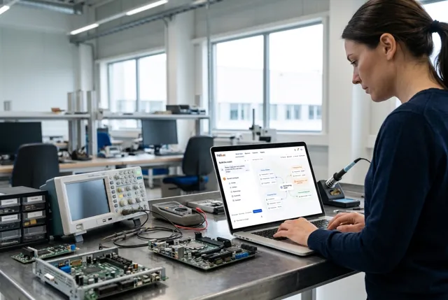 A domain engineer reviewing entities, relationships, constraints and evaluation on her laptop in an electronics lab. Illustrative generated scene.