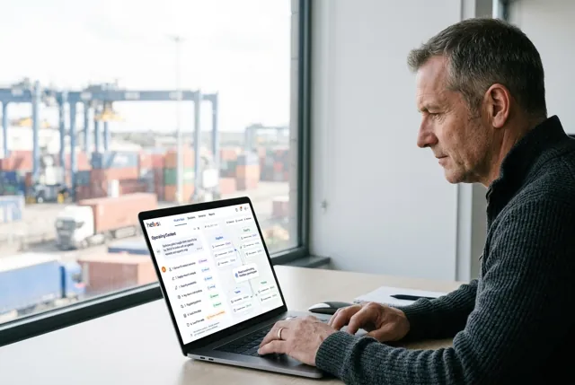 An operations director reviewing connected suppliers, capacity, teams and policies on his laptop. Illustrative generated scene.