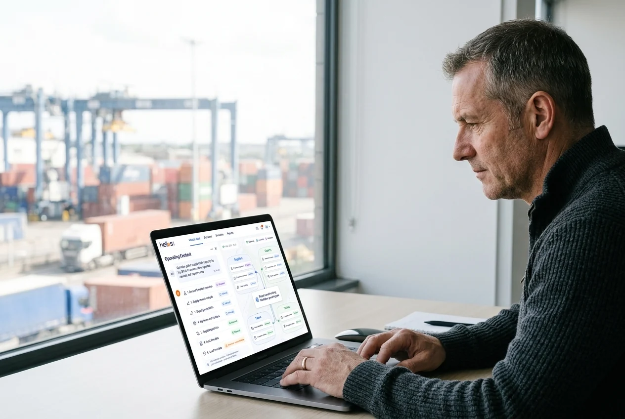 An operations director reviewing connected suppliers, capacity, teams and policies on his laptop. Illustrative generated scene.