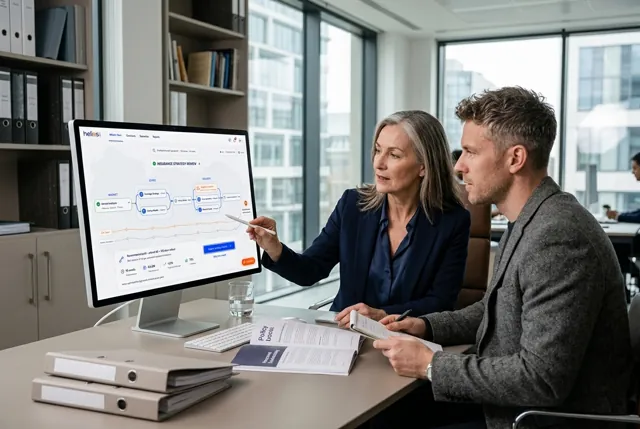 An underwriting director and actuary evaluating coverage, capital and pricing options at a desktop workstation. Illustrative generated scene.