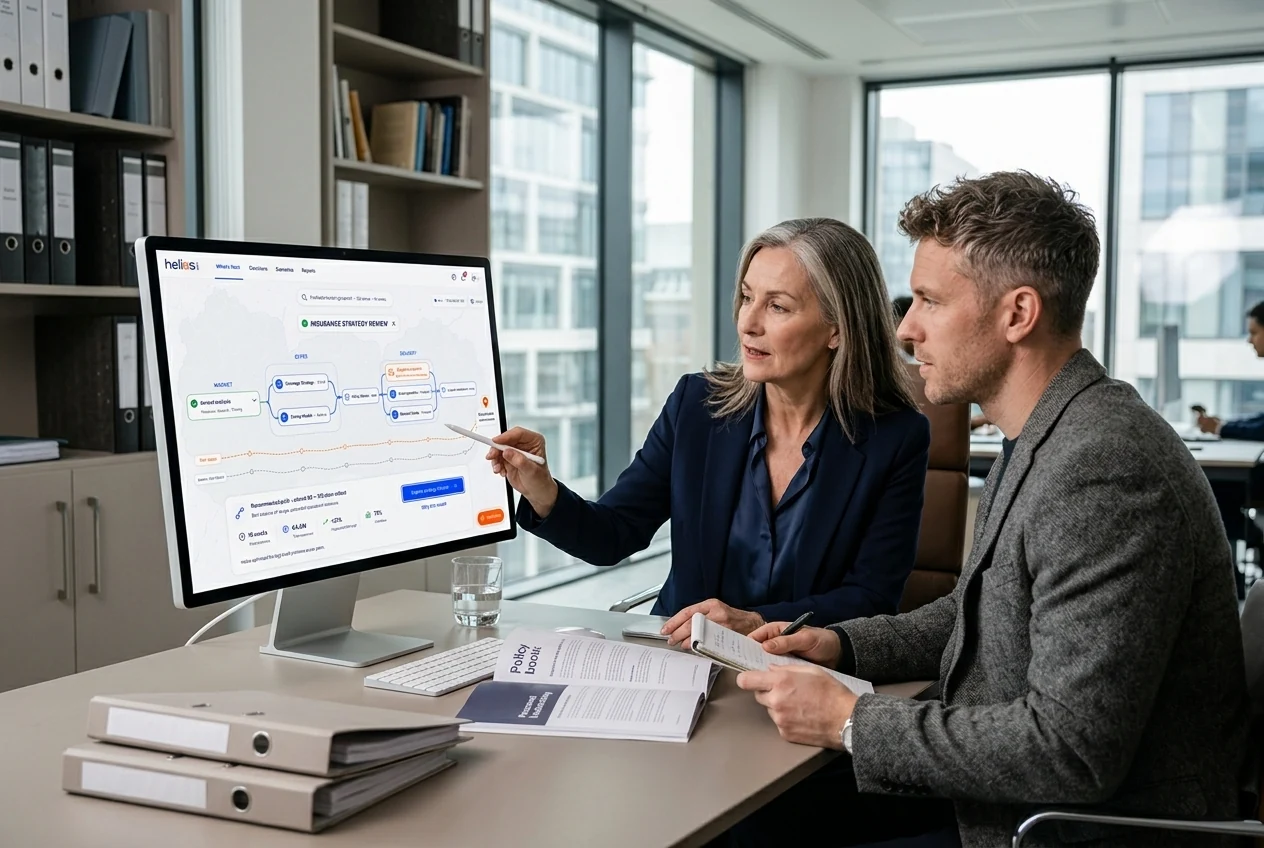 An underwriting director and actuary evaluating coverage, capital and pricing options at a desktop workstation. Illustrative generated scene.