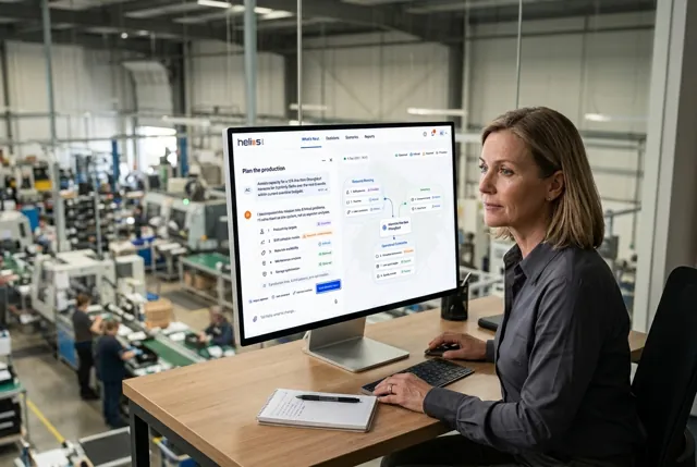 A plant director assessing production and capacity options at a workstation overlooking the factory. Illustrative generated scene.