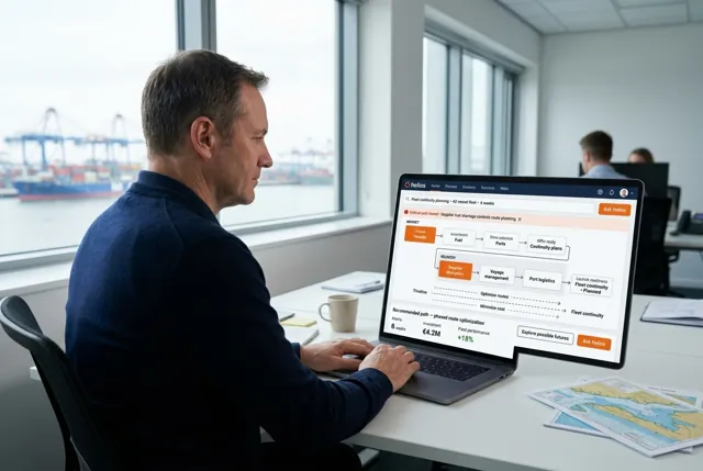 A shoreside fleet operations director comparing voyage and supply alternatives at a planning workstation. Illustrative generated scene.