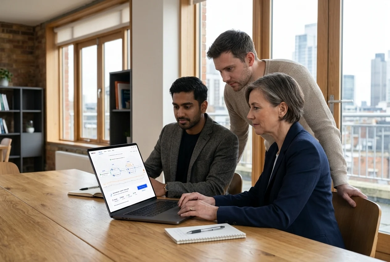 Partner professionals discussing discovery, integration, validation and operation on a shared laptop. Illustrative generated scene.