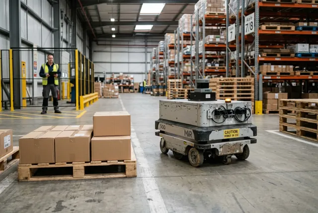 A sensor-equipped autonomous industrial cart operating in a warehouse under human safety supervision. Illustrative generated scene.