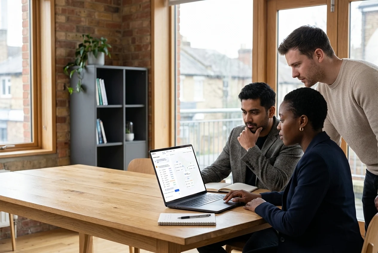 Colleagues defining an outcome and reviewing connected decisions on a shared laptop. Illustrative generated scene.