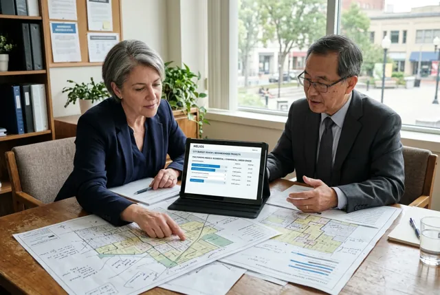 Public service and municipal finance leaders reviewing neighborhood plans and budget options together. Illustrative generated scene.