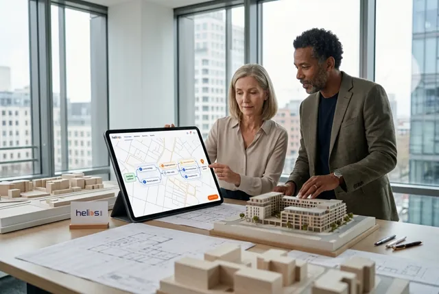 Property investment leaders comparing portfolio options beside an architectural model and a decision display. Illustrative generated scene.