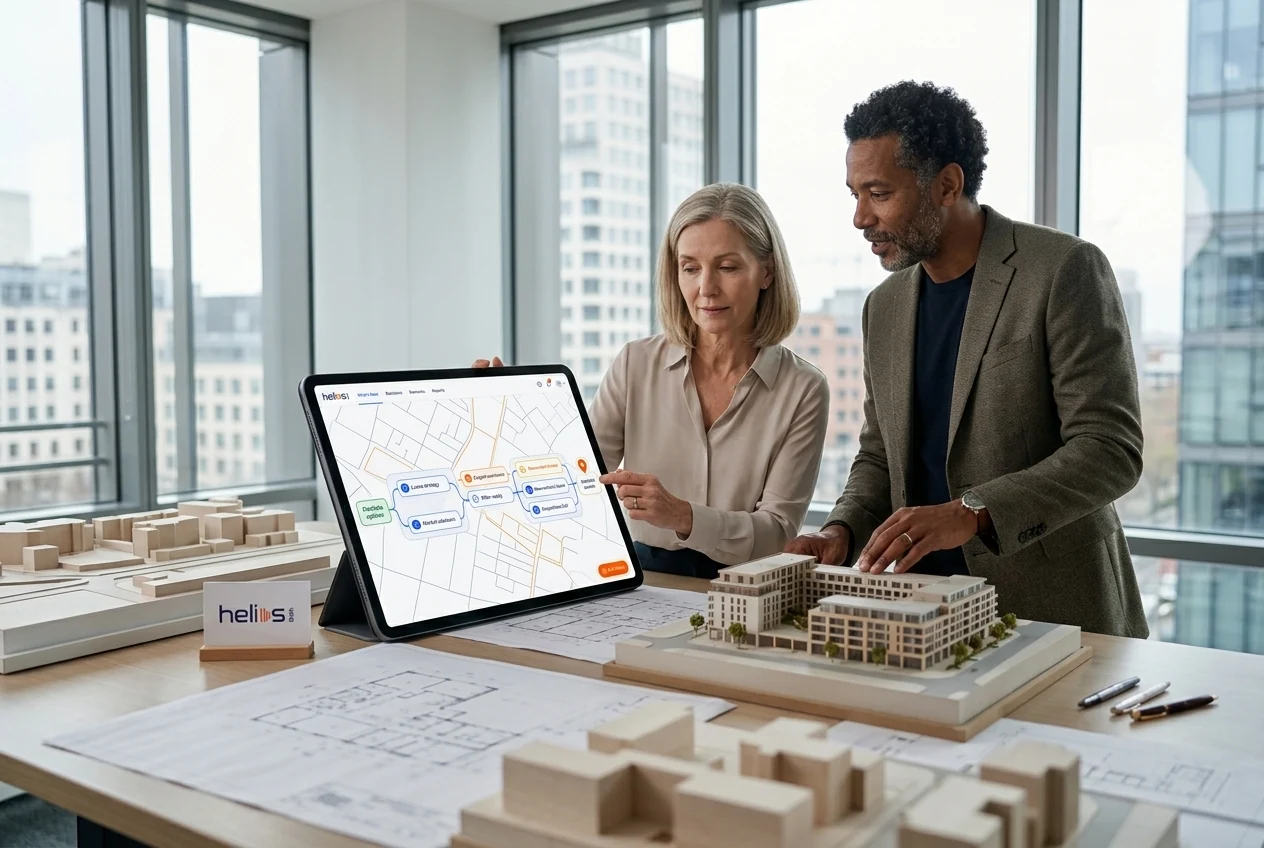 Property investment leaders comparing portfolio options beside an architectural model and a decision display. Illustrative generated scene.