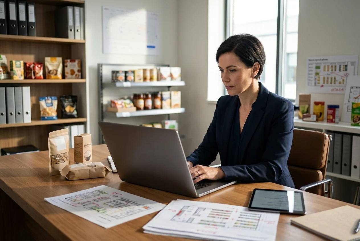 A retail category director reviewing assortment plans at headquarters beside product samples and store plans. Illustrative generated scene.