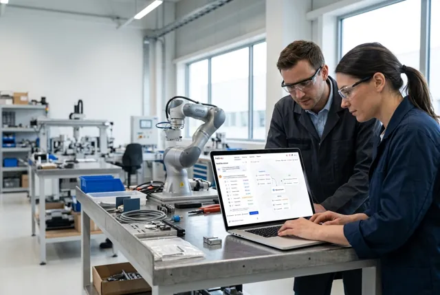 Robotics deployment and safety engineers reviewing operating requirements at an engineering workstation. Illustrative generated scene.