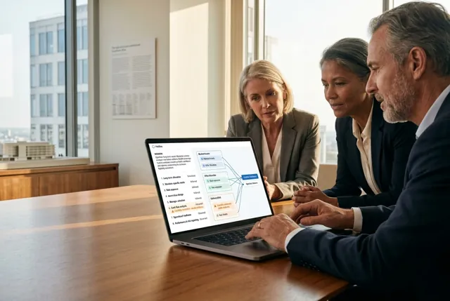 Investment leaders reviewing asset, mandate and risk dependencies together at a meeting table. Illustrative generated scene.