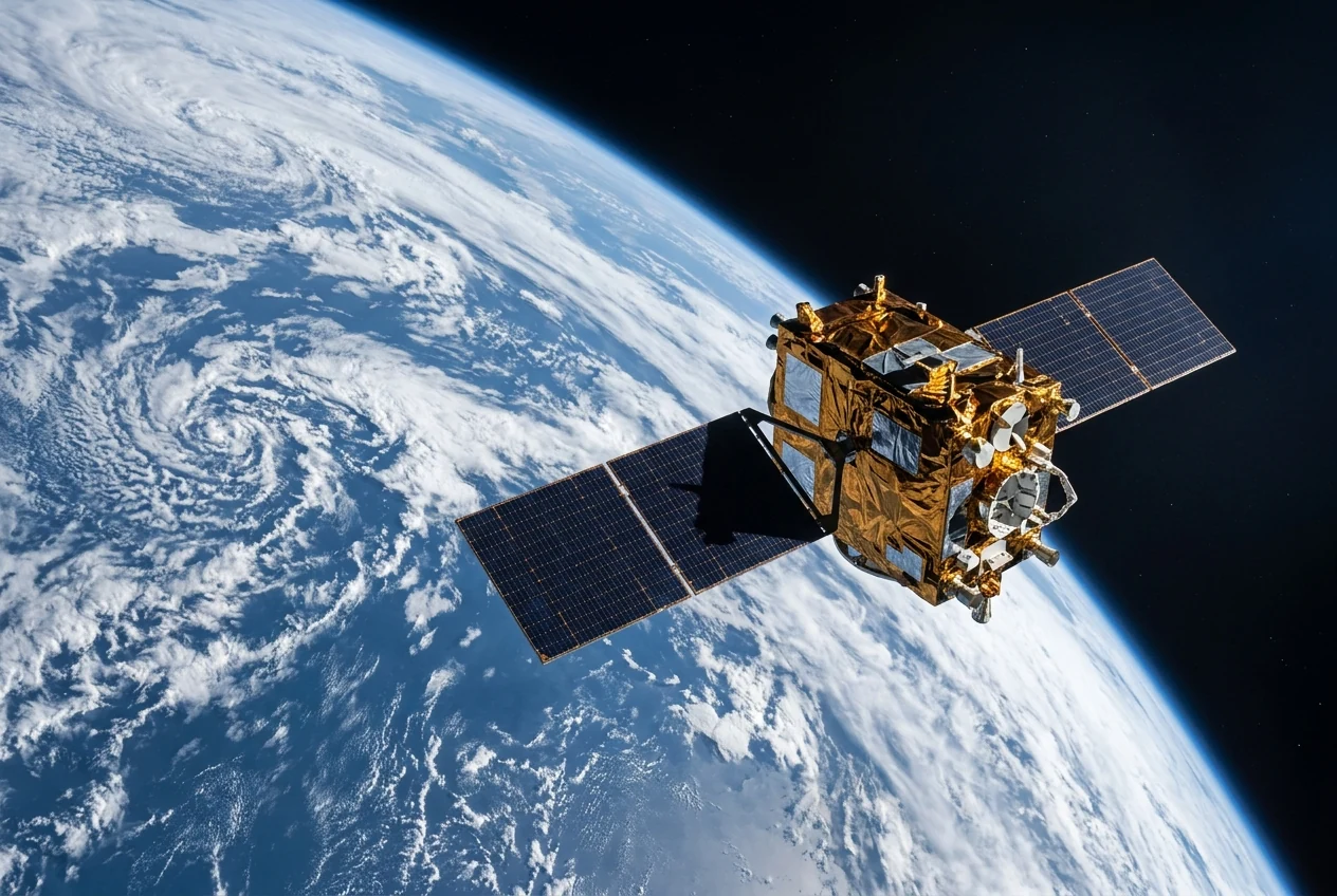 An Earth-observation satellite with solar arrays in orbit above Earth's clouds and ocean. Illustrative generated scene.