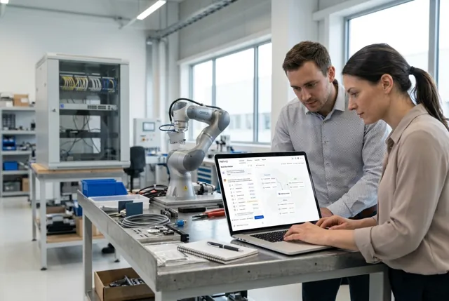 Systems integration engineers reviewing connected operational decisions on a laptop in an engineering workspace. Illustrative generated scene.