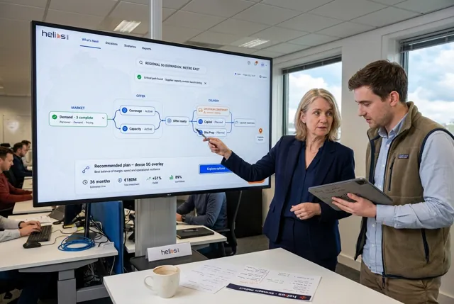 Network strategy leaders comparing coverage and rollout investments on a physical planning display. Illustrative generated scene.