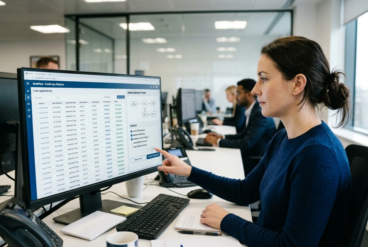 A credit operations specialist reviewing a case with a Helios context panel embedded in a banking workstation. Illustrative generated scene.