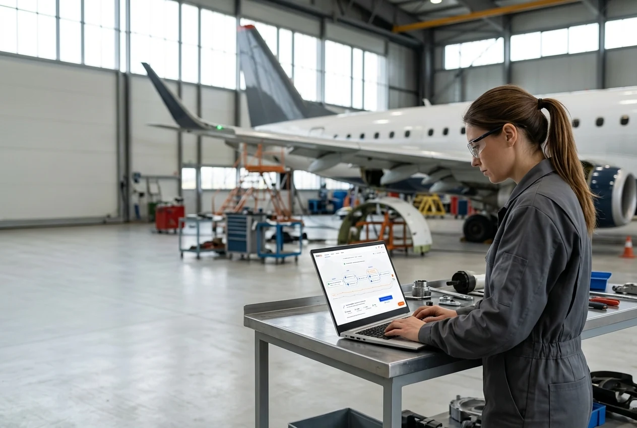 An aircraft maintenance engineer reviewing inspection and parts context at a hangar workbench. Illustrative generated scene.