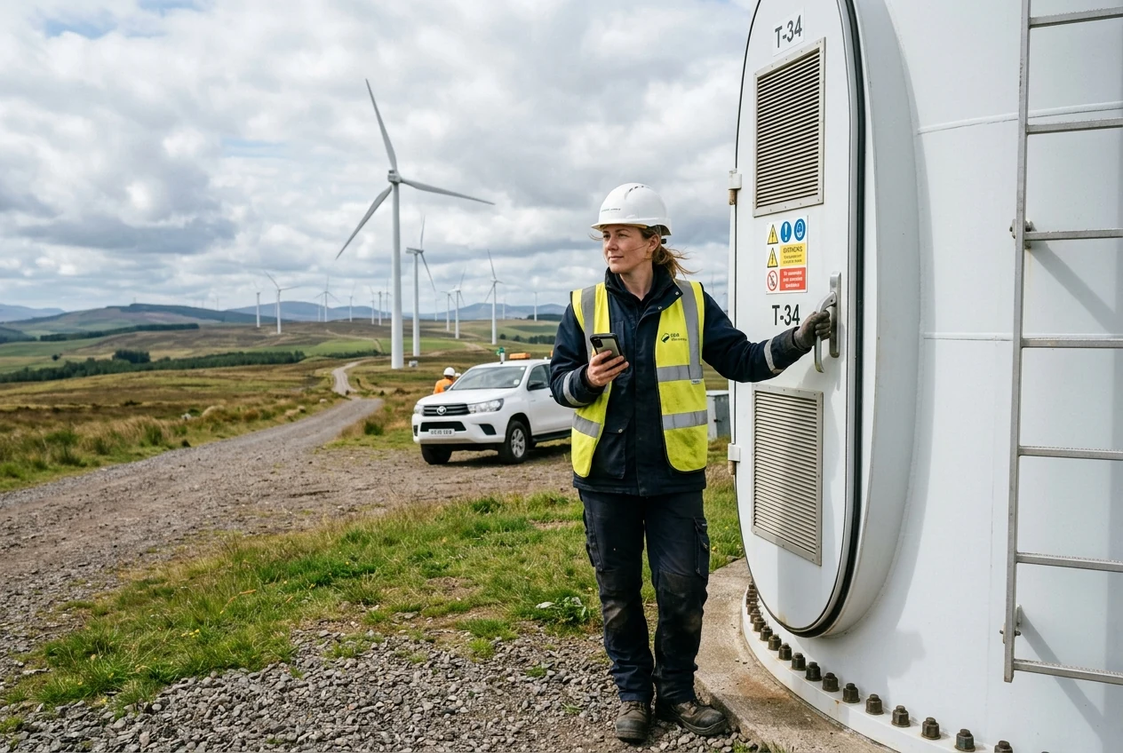 A wind-farm technician using a rugged smartphone beside a turbine during an inspection. Illustrative generated scene.