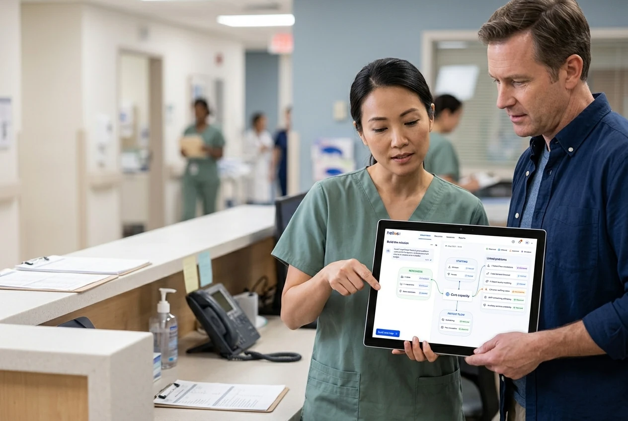 Hospital professionals reviewing operational capacity together on a tablet at a clinical station. Illustrative generated scene.