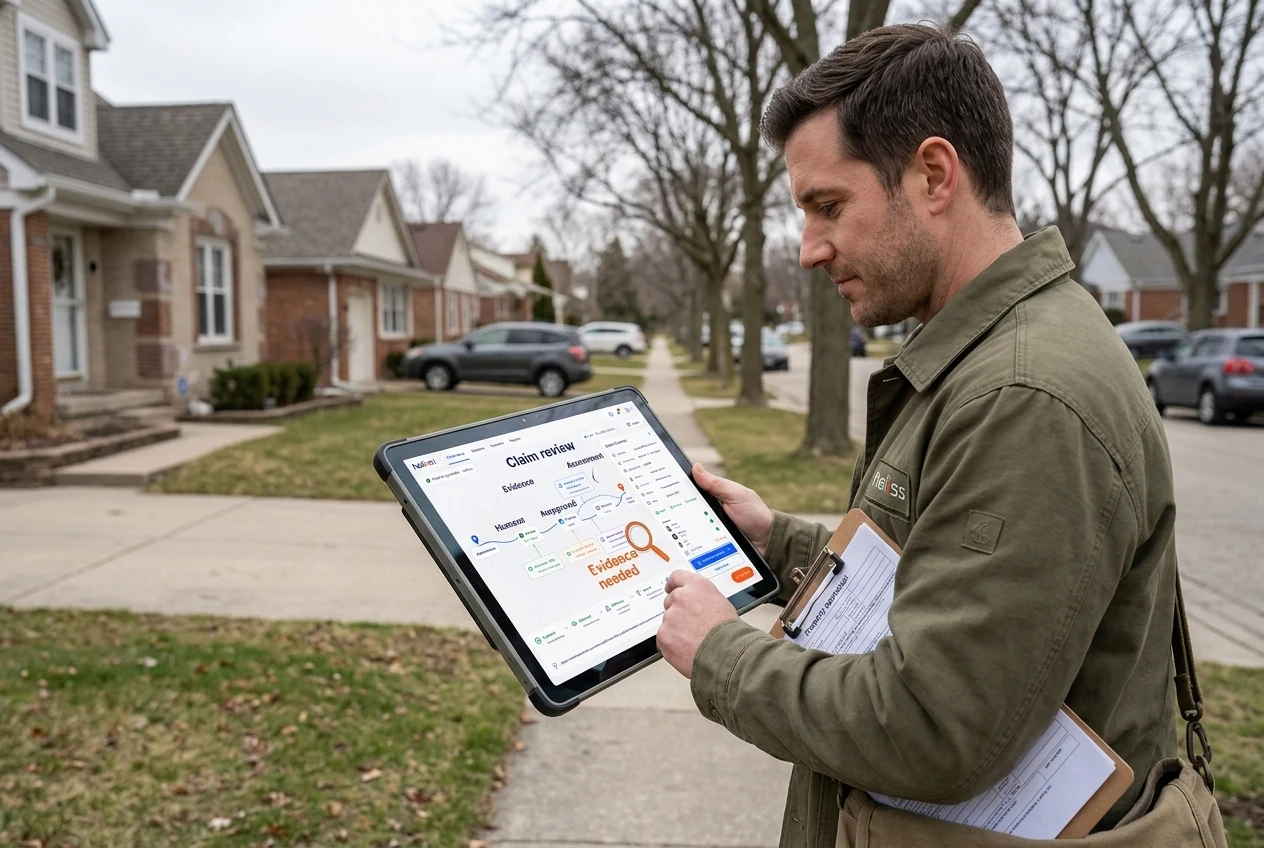 An insurance assessor capturing property evidence with a handheld tablet. Illustrative generated scene.