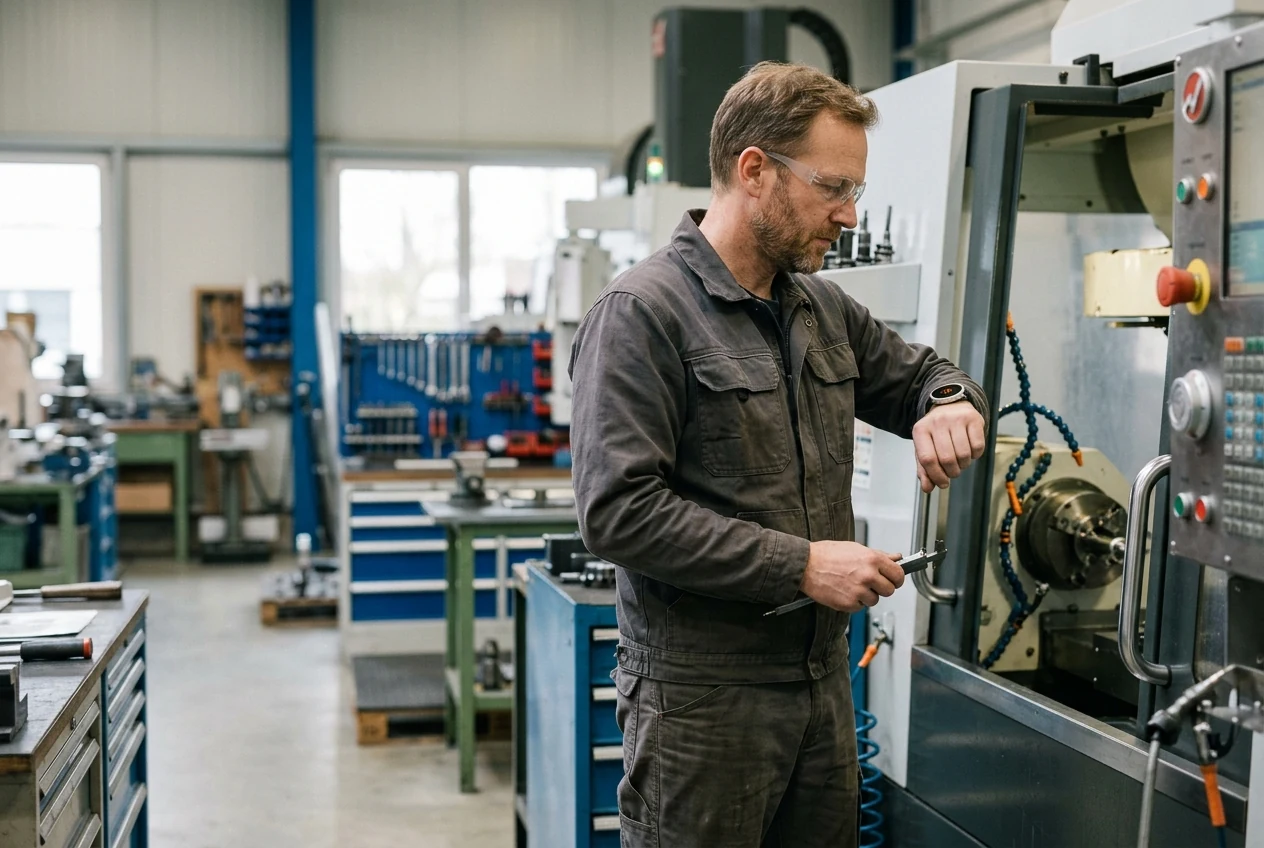 A technician checking a smartwatch during a safe service pause beside a stopped manufacturing machine. Illustrative generated scene.