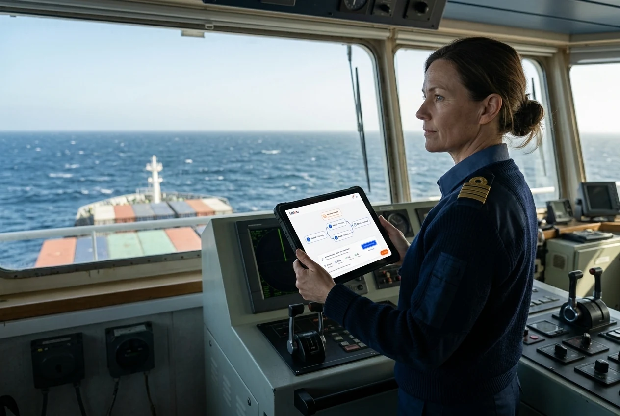 A navigation officer with a decision-support tablet on a working ship bridge overlooking the foredeck and open sea. Illustrative generated scene.