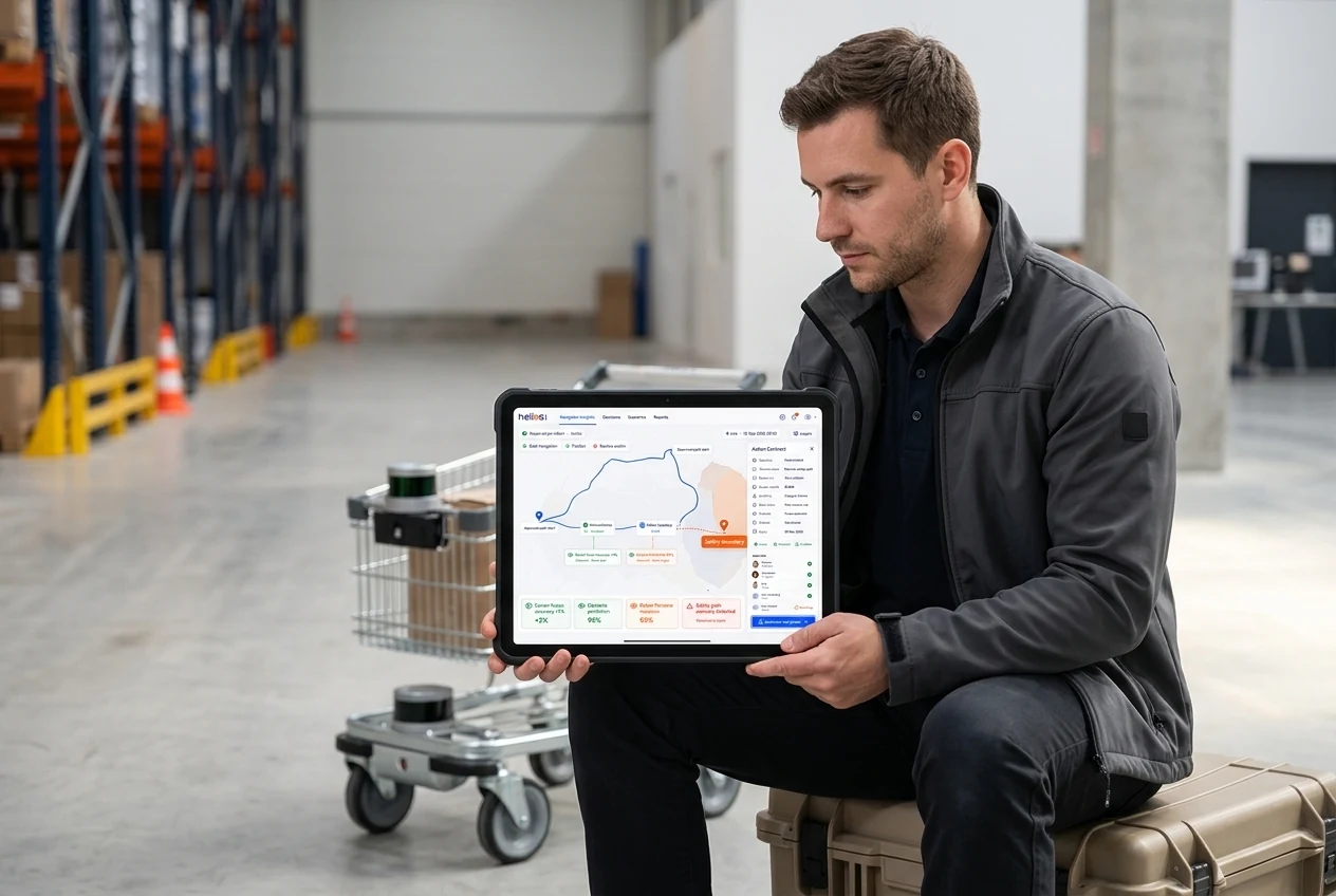 A physical-AI test engineer reviewing observed conditions and safety boundaries on a tablet beside an autonomous cart. Illustrative generated scene.