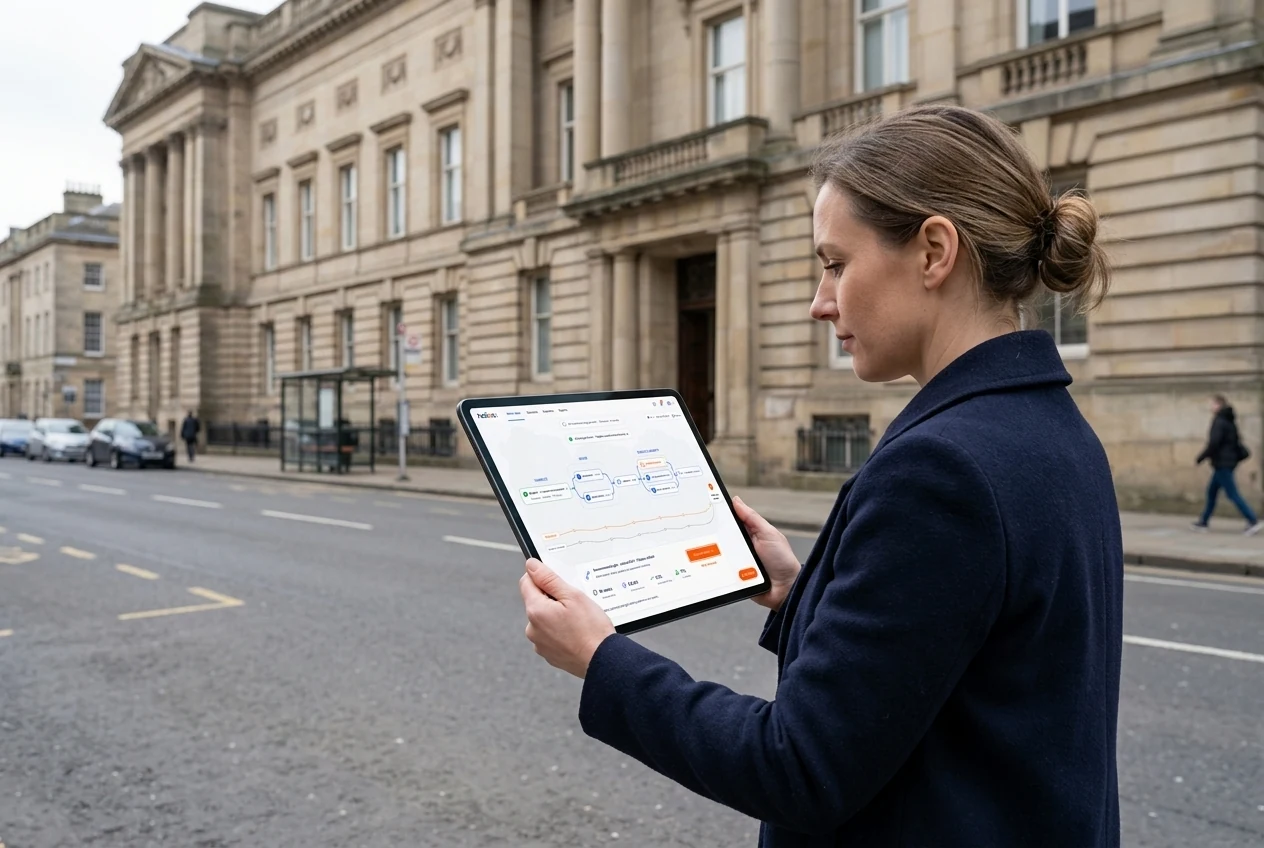 A municipal professional reviewing local service context on a tablet outside a civic building. Illustrative generated scene.