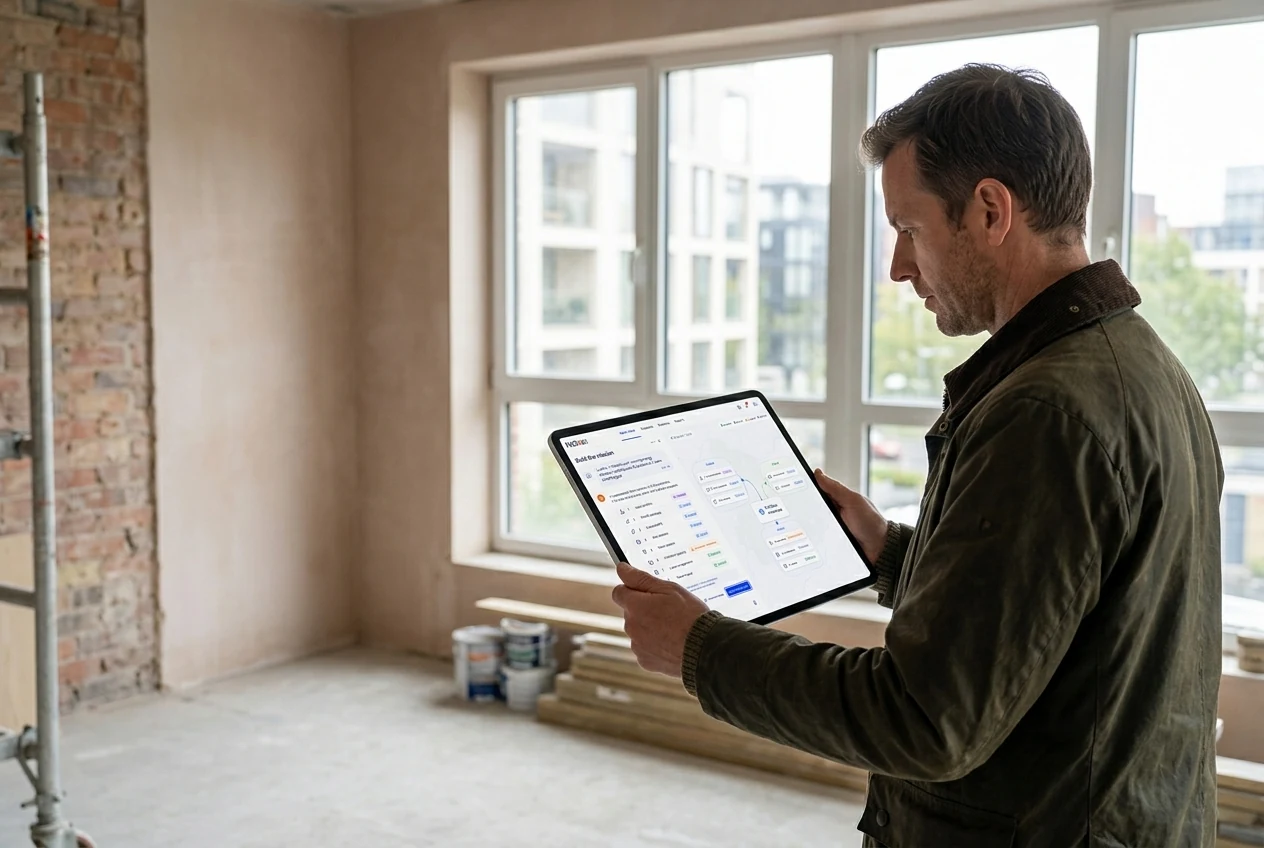 A property professional reviewing asset context on a tablet during a building visit. Illustrative generated scene.