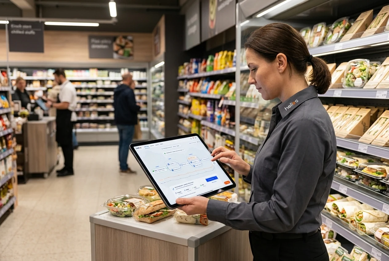 A grocery store manager checking assortment and supplier context on a tablet near the shelves. Illustrative generated scene.