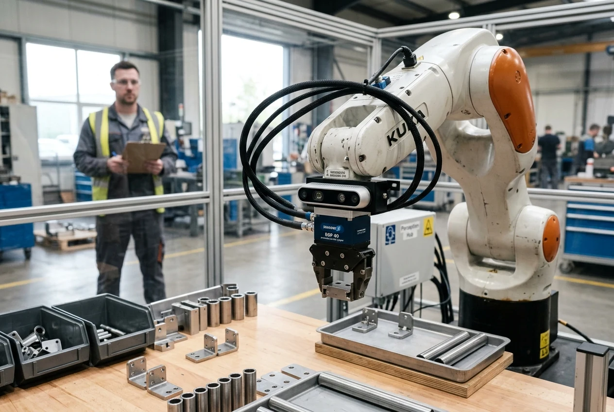 A real industrial robot with a mounted vision camera inspecting components under human supervision. Illustrative generated scene.