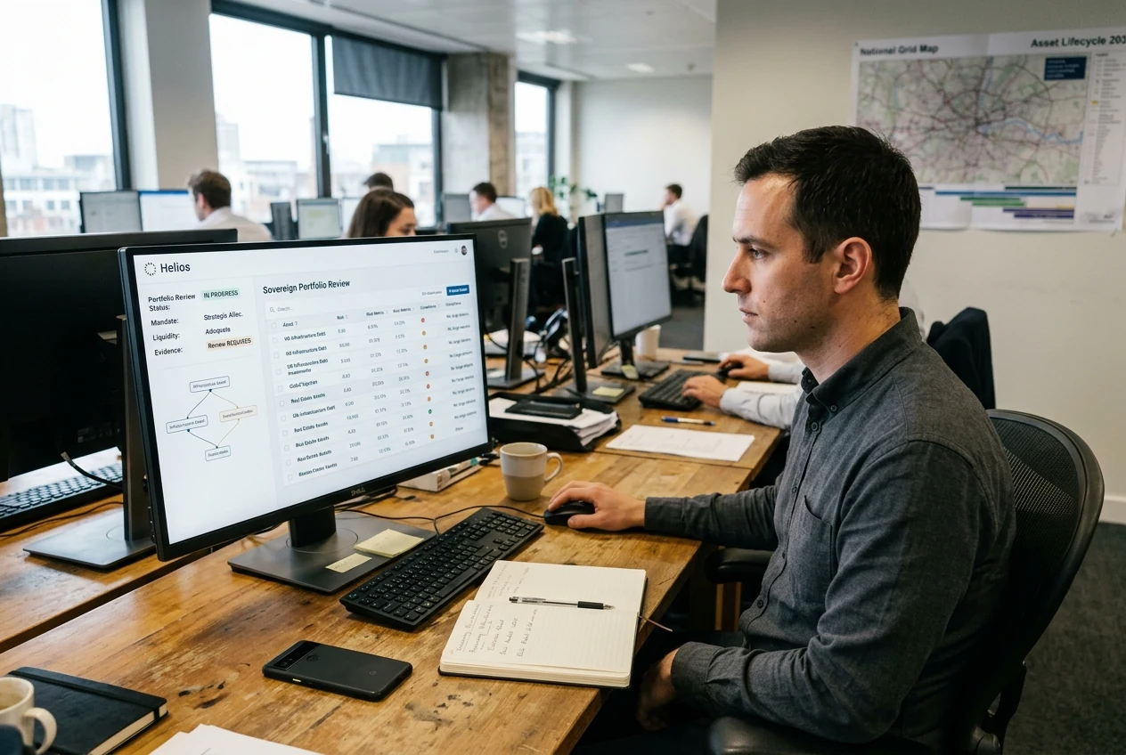 A portfolio risk analyst monitoring mandate and liquidity evidence at an institutional workstation. Illustrative generated scene.