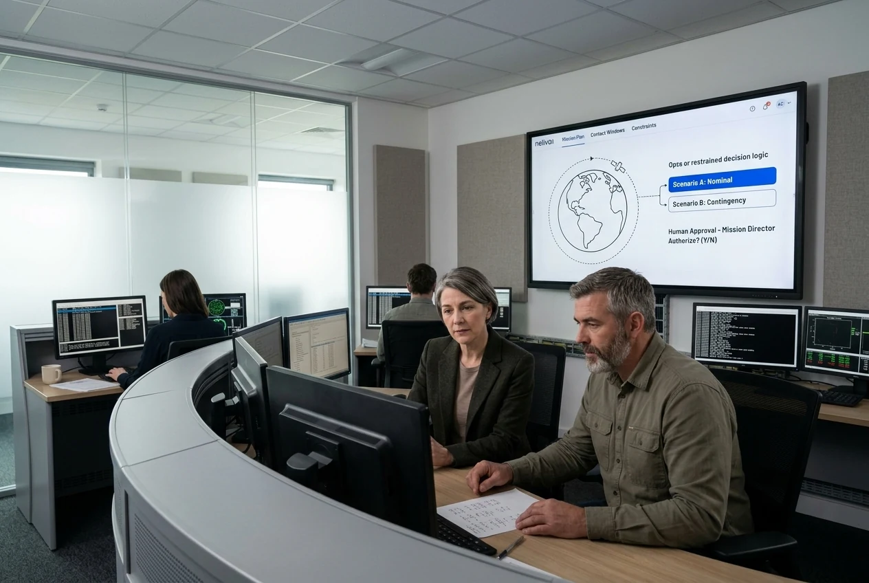 A mission director and flight-dynamics engineer reviewing satellite operations at physical mission-control workstations. Illustrative generated scene.