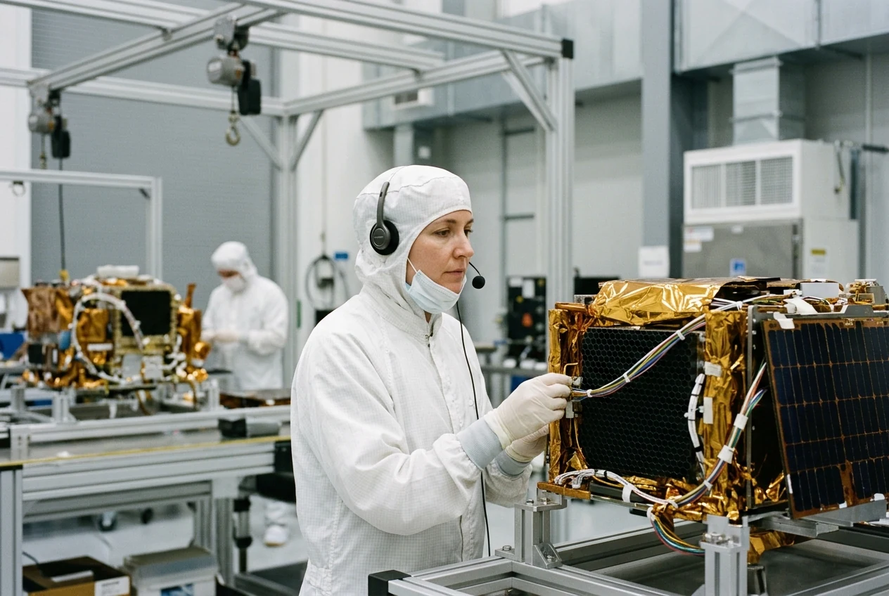 A cleanroom spacecraft engineer using a communications headset while inspecting a gold-foil satellite payload. Illustrative generated scene.