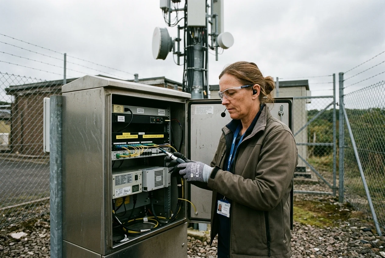 A telecommunications technician using a hands-free communications earpiece during a safe equipment inspection. Illustrative generated scene.